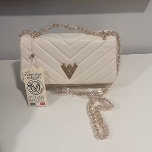 NWT Valentino Orlandi White Crossbody Bag with Chevron Quilting and Chain Strap